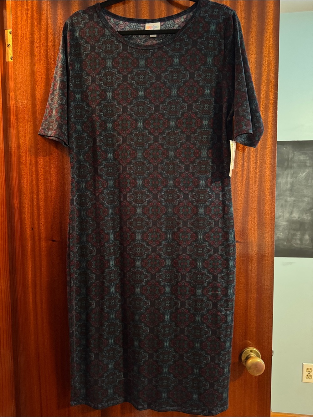 LuLaRoe Midi Dress in Dark Teal and Burgundy Pattern